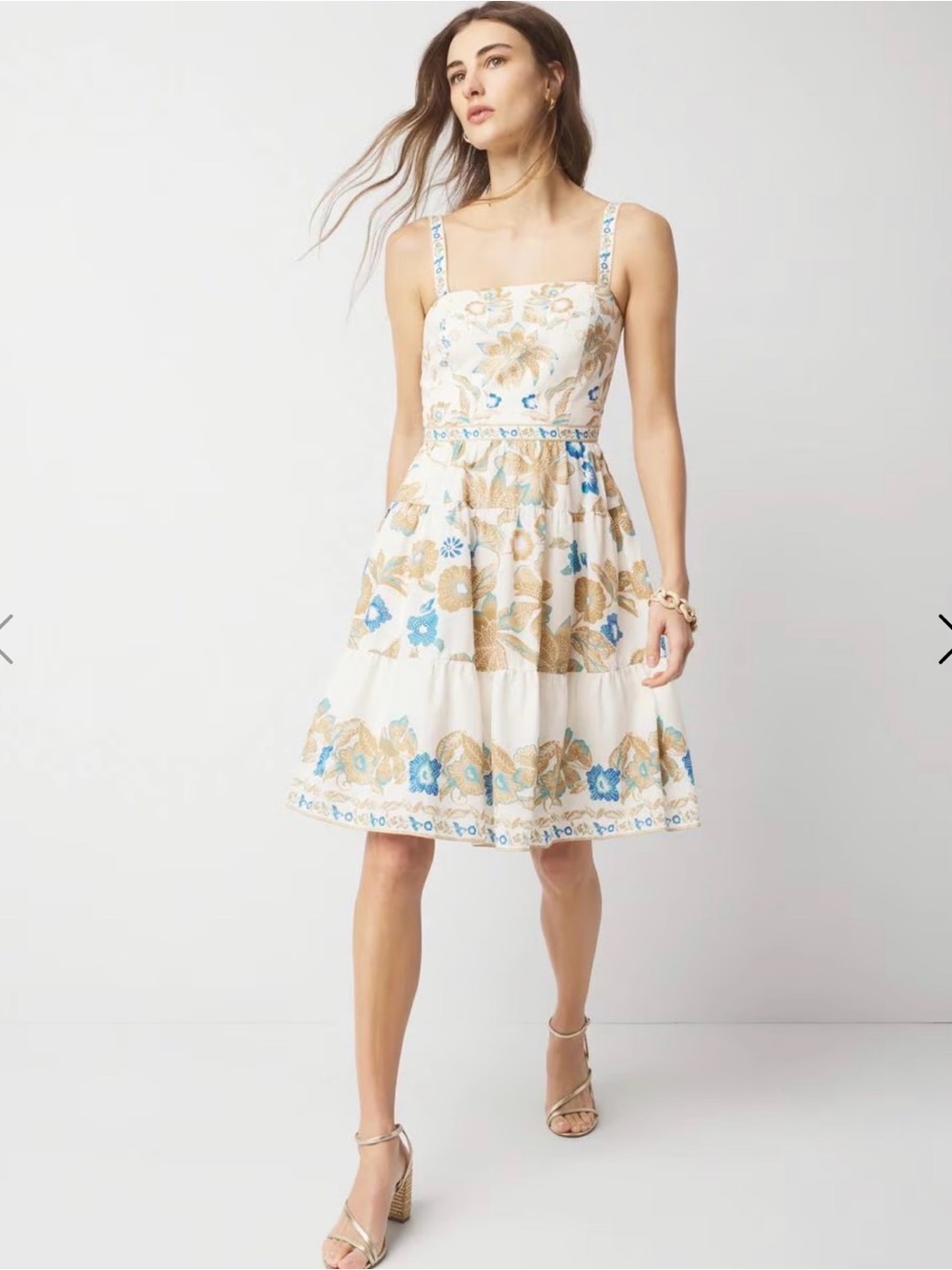White House Black Market White Midi Dress with Blue and Tan Floral Embroidery